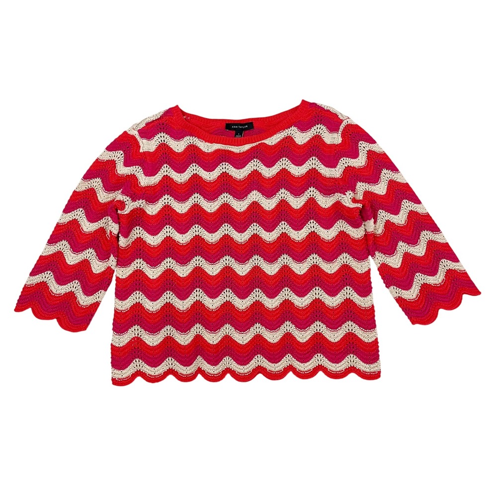 NEW Ann Taylor Red Pink Chevron Crochet Knit Sweater Scalloped Hem Size Small